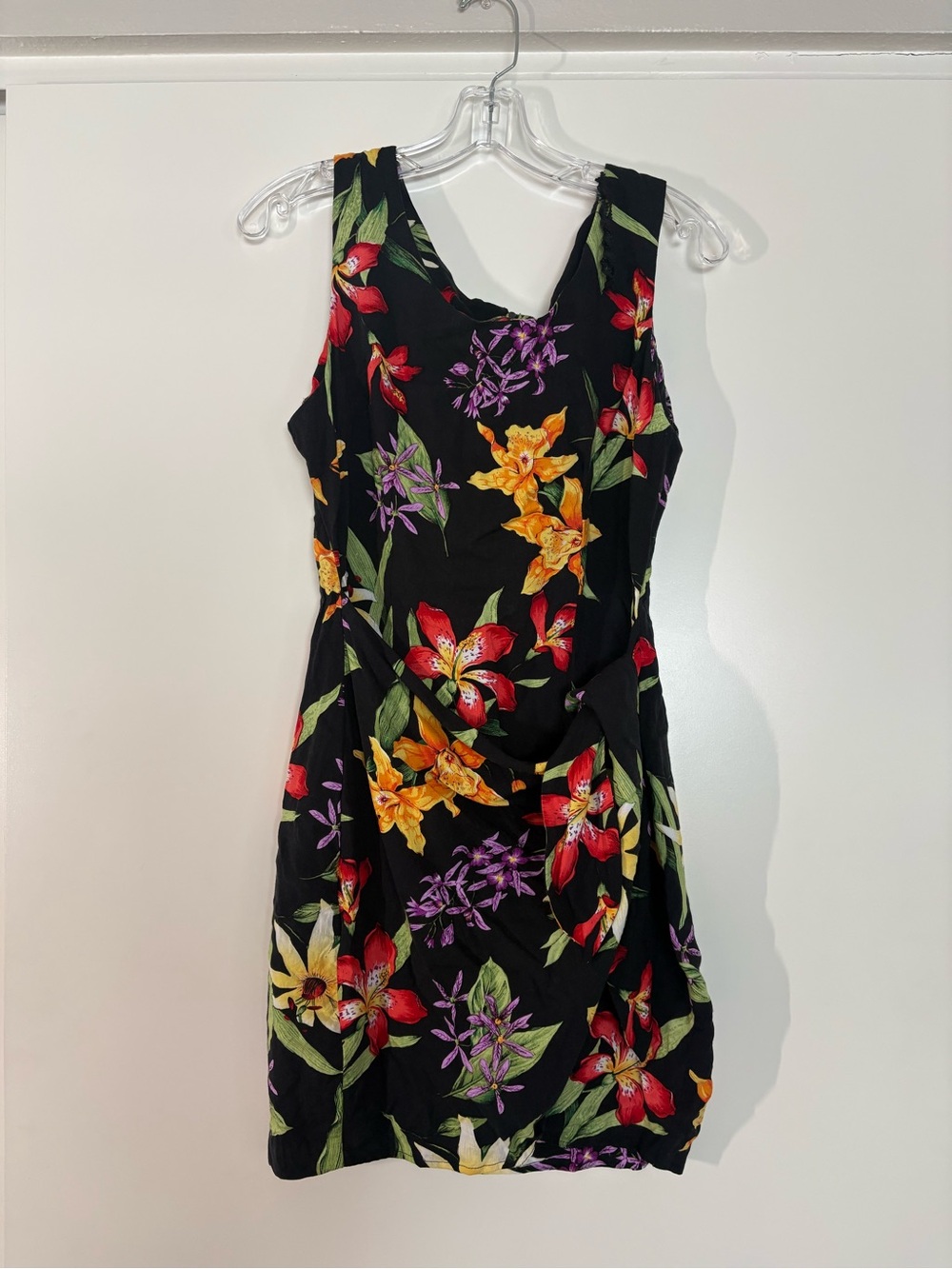 All That Jazz Vintage Black Mini Wrap Dress with Hawaiian Floral Print